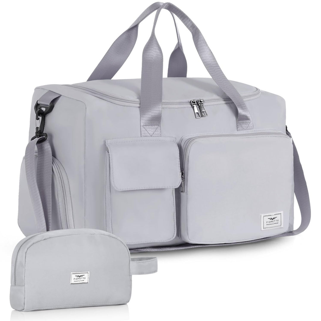 FIORETTO Women's Water-Resistant Gym Duffle Bag with Shoes Compartment, 37L Capacity, Multi-Functional, Ideal for Travel, Gym, Sports, Weekender, with Toiletry Bag, Grey
