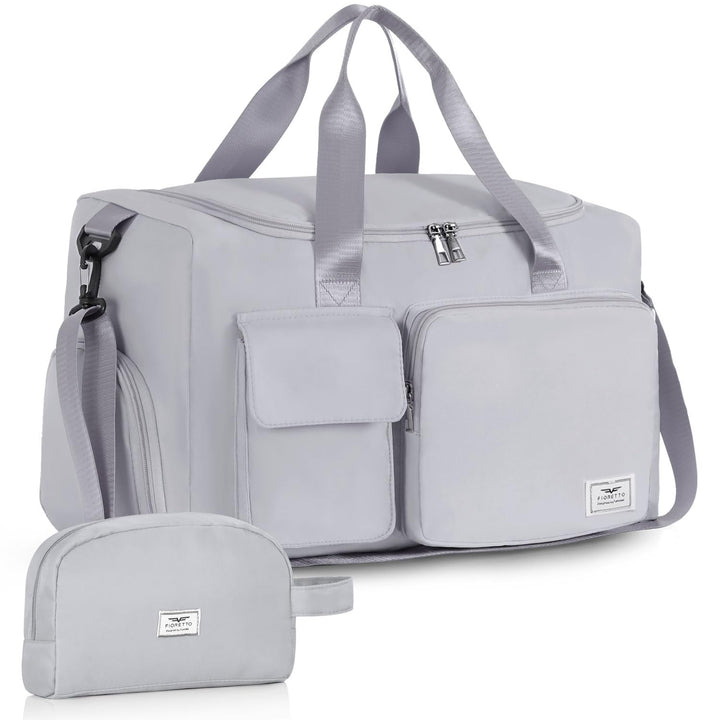 FIORETTO Women's Water-Resistant Gym Duffle Bag with Shoes Compartment, 37L Capacity, Multi-Functional, Ideal for Travel, Gym, Sports, Weekender, with Toiletry Bag, Grey