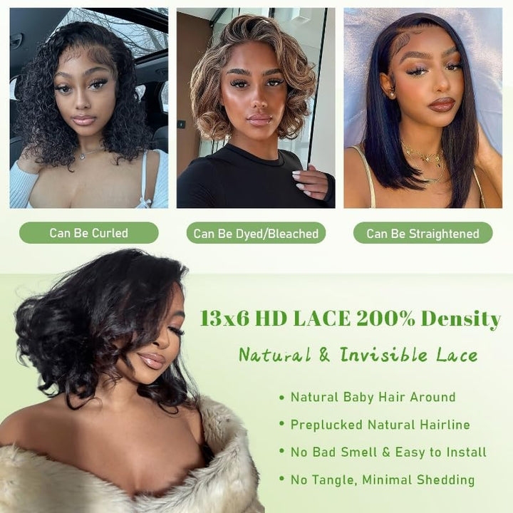 Body Wave 13x6 HD Lace Front Wigs Human Hair 200% Density Bob Wig Human Hair Pre Plucked Short Bob Wigs for Black Women Glueless Frontal Wig Human Hair Natural Black Loose Wavy 14 inch Bob Wig