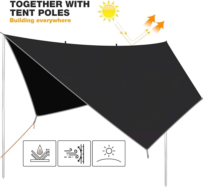 REDCAMP Hammock Rain Fly Camping Tarp Waterproof, Lightweight Backpacking Rain Tarp Shelter for Hiking Outdoor Hexagon Black 10x12ft