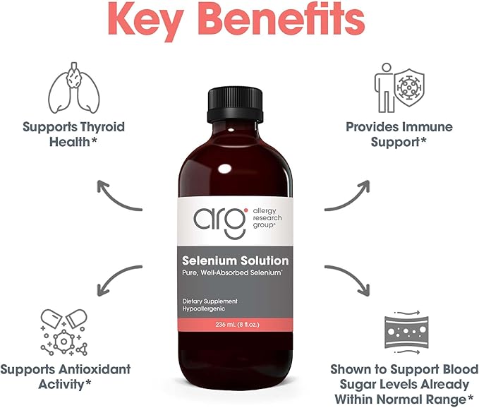 Allergy Research Group Selenium Solution - Well-Absorbed Selenium Liquid, Pure Sodium Selenite, Thyroid Support, Antioxidants, 100 mcg Supplement, Hypoallergenic - 8 Fl Oz
