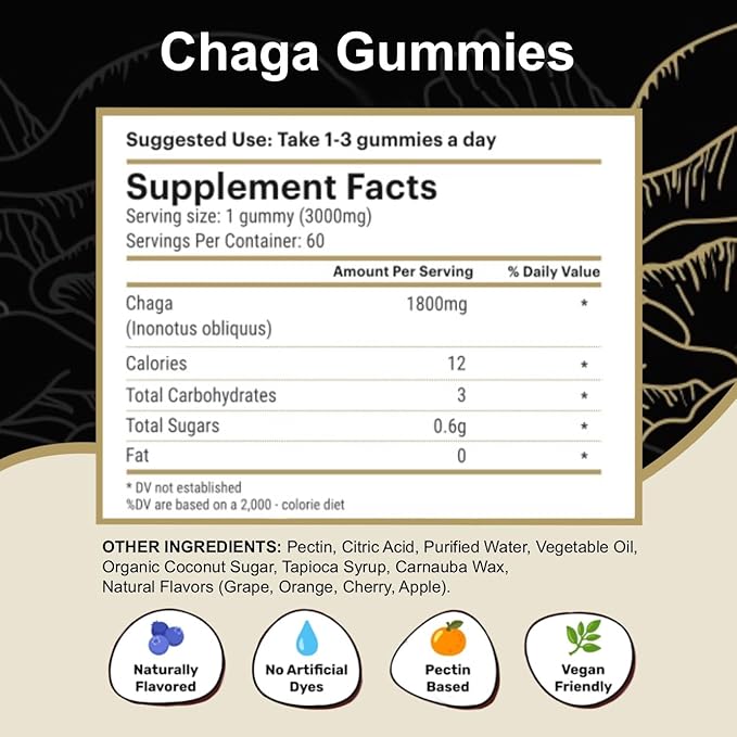 Chaga Mushroom Gummies - Antioxidant Immune Support Supplement - Dietary Mushroom Supplement - 60 Gummies - Made in USA - Shrooms for Health - Delicious & Vegan Frendly