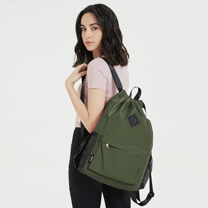 WANDF Drawstring Backpack Sports Gym Bag with Shoes Compartment, Water-Resistant String Backpack Cinch for Women Men (Large,Dark green)