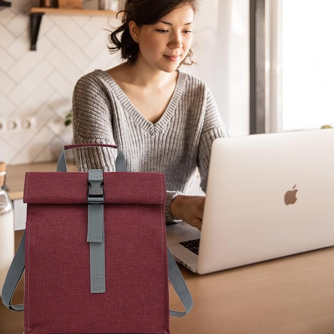 Insulated Lunch Bag for Men/Women/Kids, Roll top Reusable Lunch Box with Adjustable Shoulder Strap, Thermal Lunch Cooler Tote Container for Adults/Teens School Work Office Picnic,Red