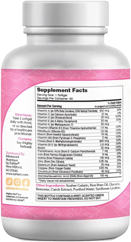 Zahler Mighty Mini Prenatal Vitamin with DHA & Folate - Certified Kosher - All Natural Prenatal Vitamins - Multivitamin for Pregnant Women - 19 Prenatal Vitamins Including Folic Acid (90 Softgels)