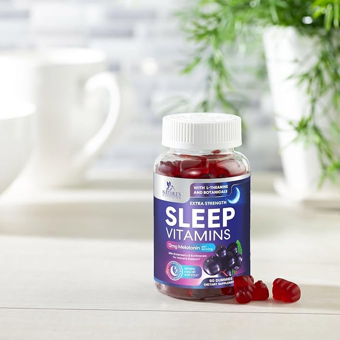 Sleep Gummies - 12mg Melatonin Natural Sleep Vitamin Supplement Formula with L-theanine, Chamomile, & Lemon Balm - Extra Strength Sleep Gummy, Non-Habit Forming Restful Sleep Women & Men - 60 Gummies