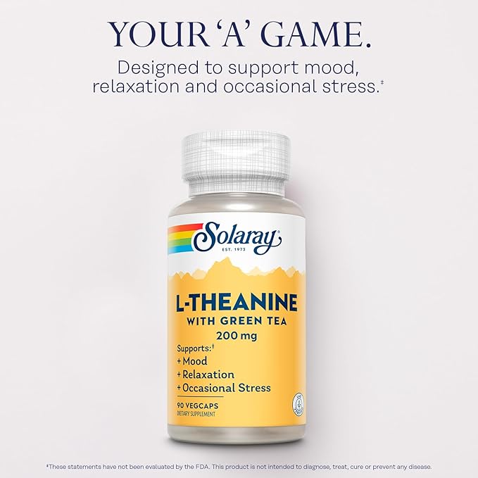 SOLARAY L-Theanine 200mg with Green Tea - Healthy Mood, Relaxation and Occasional Stress Support - Lab Verified, Vegan, Gluten Free - 90 Servings, 90 VegCaps