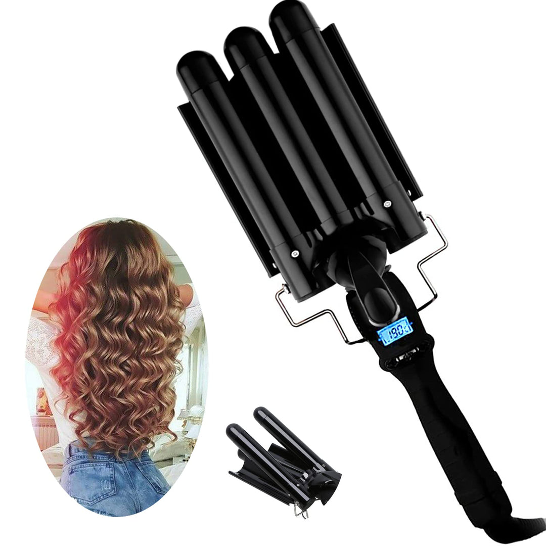 3 Triple Barrel Ceramic Tourmaline Curling Iron Wand With Lcd Temperature Display - 1 Inch Crimping Waver, Dual Voltage