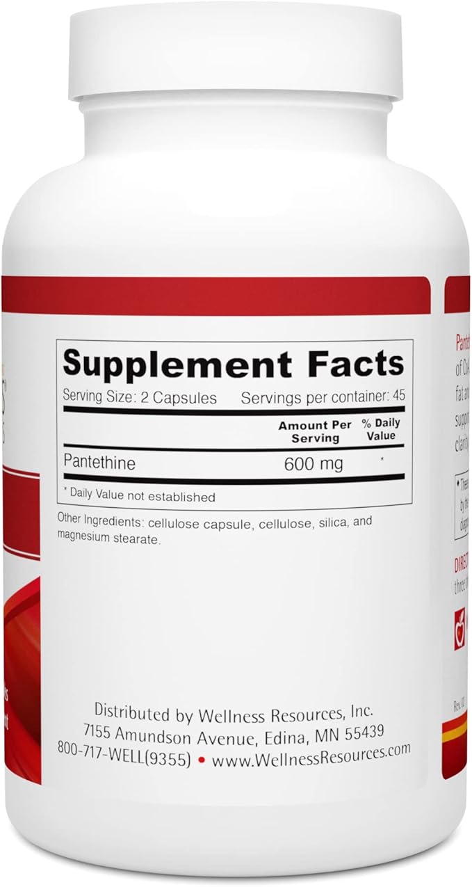 Wellness Resources Pantethine - Active Vitamin B5. Vegan (300mg, 90 Capsules)