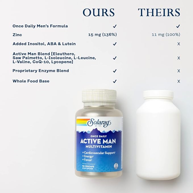 SOLARAY Once Daily Active Man Multivitamin & Mineral, Multivitamin for Cardiovascular, Support, Energy & Focus, Digestive Enzyme Blend, Amino Acids and Whole Food Base, 90 Servings, 90 VegCaps