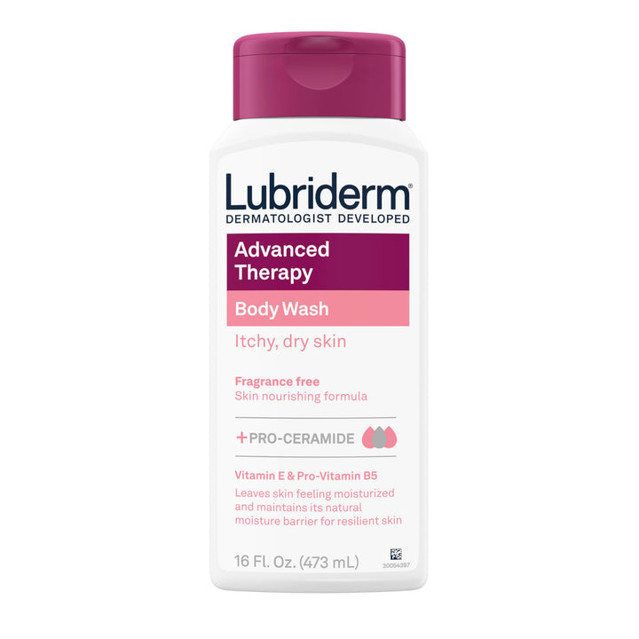 Lubriderm Advanced Therapy Body Wash, Unscented Nourishing Cleanser with Pro-Ceramide, Vitamin E & Pro-Vitamin B5 Gently Cleanses Itchy, Dry Skin, Fragrance Free, Hypoallergenic, 16 fl. oz