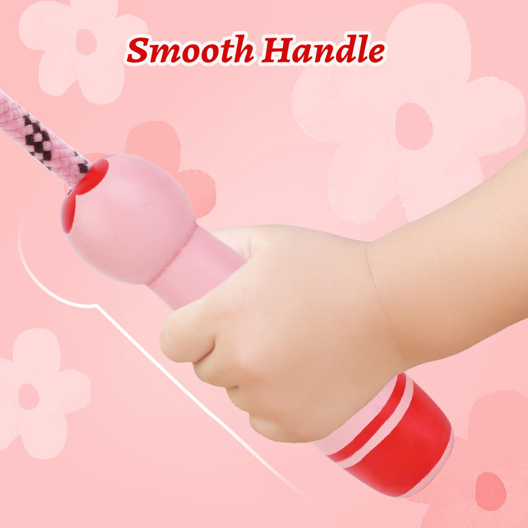 Homello Jump Rope for Kids - Wooden Handle - Adjustable Cotton Braided Fitness Skipping Rope for Toddler Fitness Workout Exercise Outdoor Activity (Pink-Red)