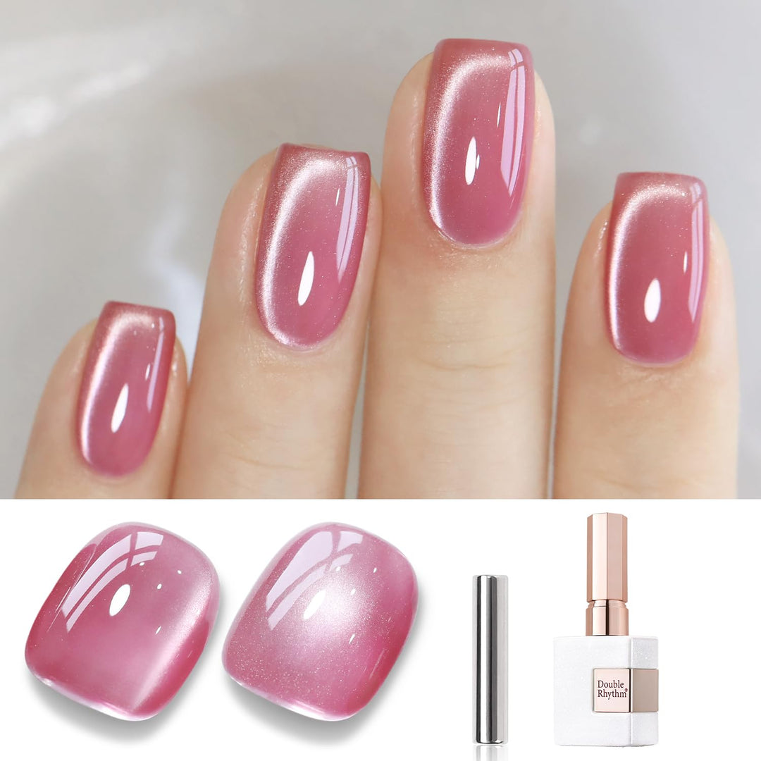 Double Rhythm Jelly Glass Cat Eye Gel Polish with Magnet 15ML Holographic Glitter Shimmer Translucent Sheer Color Magnetic Nail Polish Salon DIY at Home (Jelly Pink-MC1105)