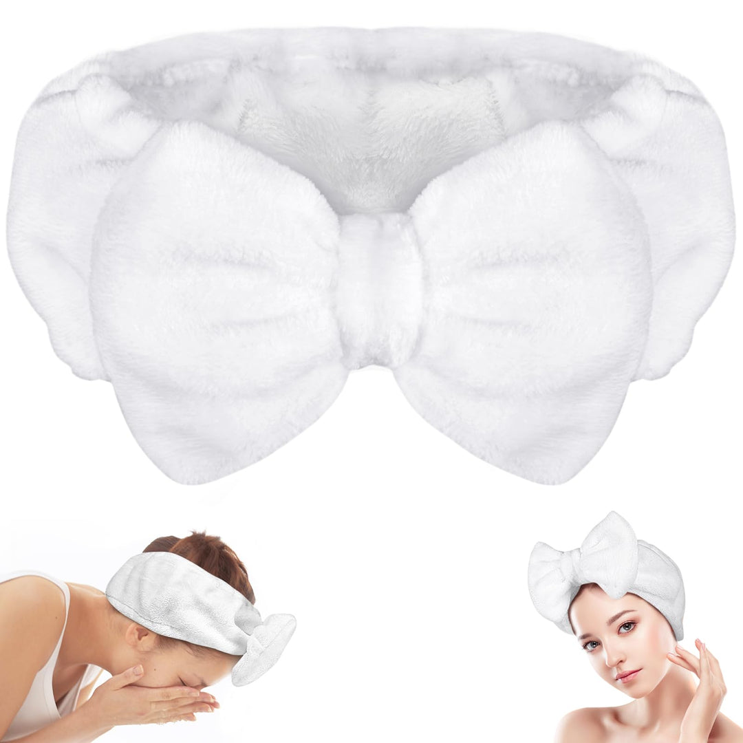 Shintop Skincare Headband, Soft Spa Headband Makeup Headwear with Cute Bow Elastic Hairband for Washing Face Facial Mask Showers（White）