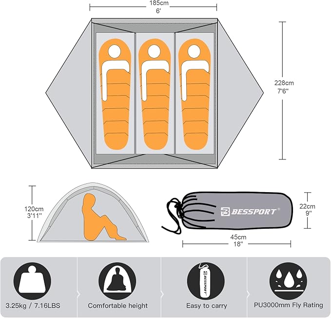 Bessport Camping Tent for 2-3 Person, Lightweight Backpacking Tent Waterproof Windproof Two Doors Easy Setup Double Layer Outdoor Tents for 3 to 4 Seasons, Suitable for Outdoor,Hiking,Camping