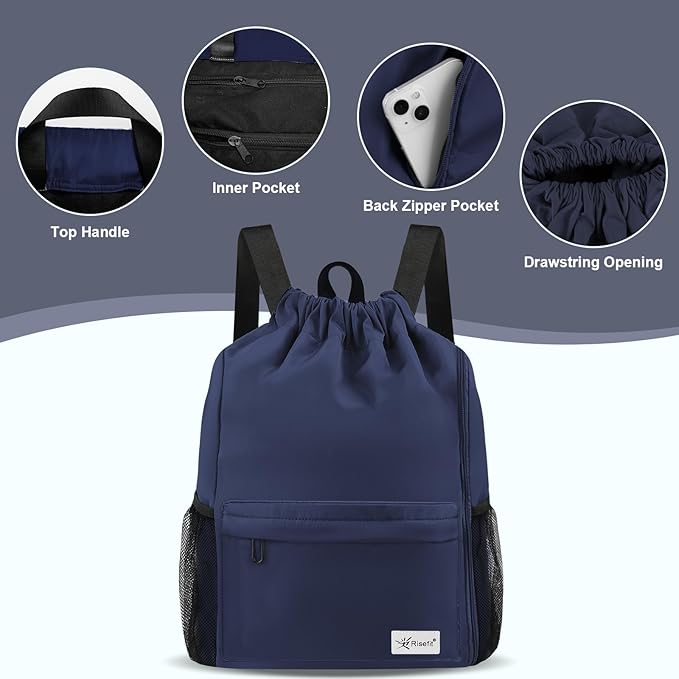 Drawstring Backpack with Mesh Pockets String Gym Bag Sackpack Sandproof Water Resistant Beach Backpack for Men Women