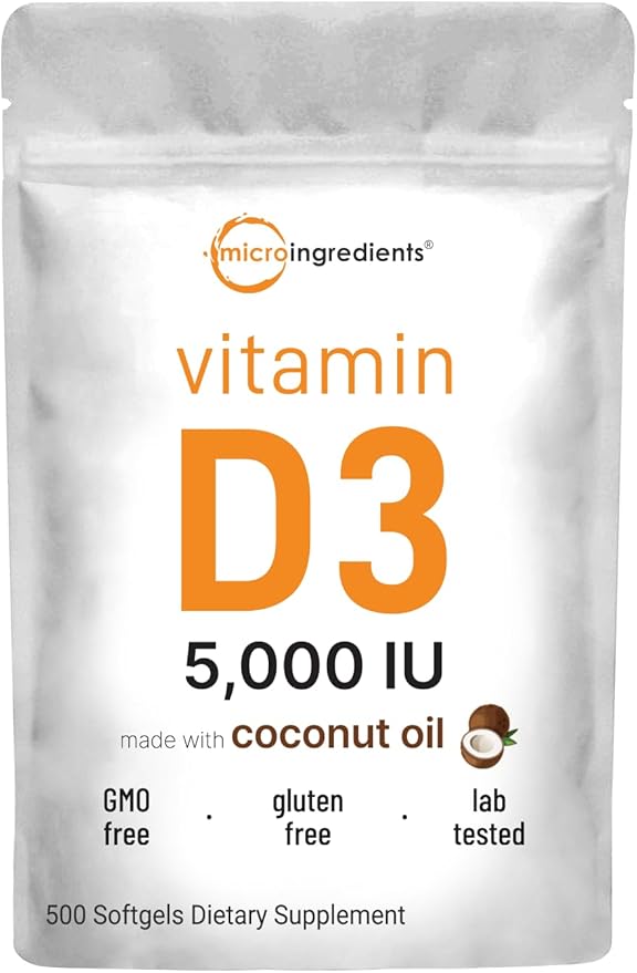 Micro Ingredients Vitamin D3 5,000 IU | 500 Softgels with Virgin Coconut Oil for Better Absorption | Vitamin D as Cholecalciferol | Supports Calcium Absorption, Bone, Immune, & Heart Health