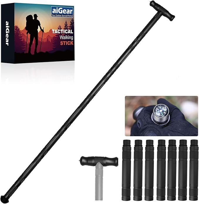 aiGear Walking Hiking Stick with Compass and Whistle, 15 in 1 Survive Walking Hiking Stick Outdoor Trekking Poles with Solid Durable Survive Tools 7 Tubes
