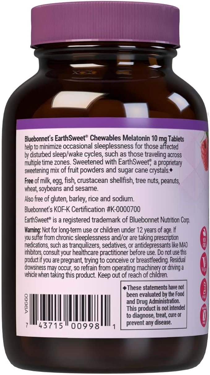 BlueBonnet Nutrition EarthSweet Melatonin 10 mg Fast-Acting Quick Dissolve Nighttime Relaxation & Restful Sleep Support - Sleep Aid - Gluten-Free, Vegan - Raspberry Flavor - 60 Chewable Tablets