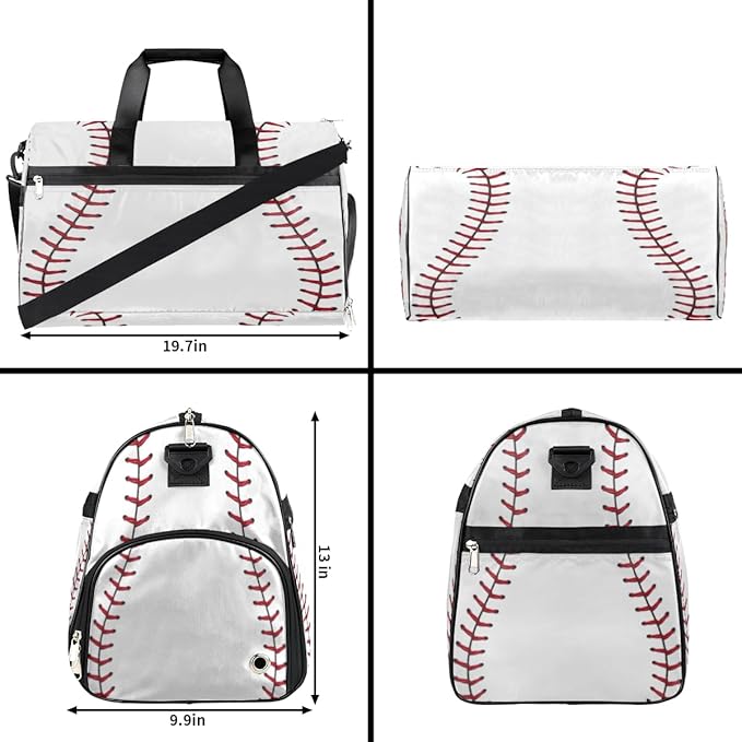 Baseball Dry Wet Depart Duffle Overnight Bag with Shoes Compartment & Wet Pockets, Water Resistant Weekender Travel Gym Pouch For Swim Gymnastics Ballet Sleepovers