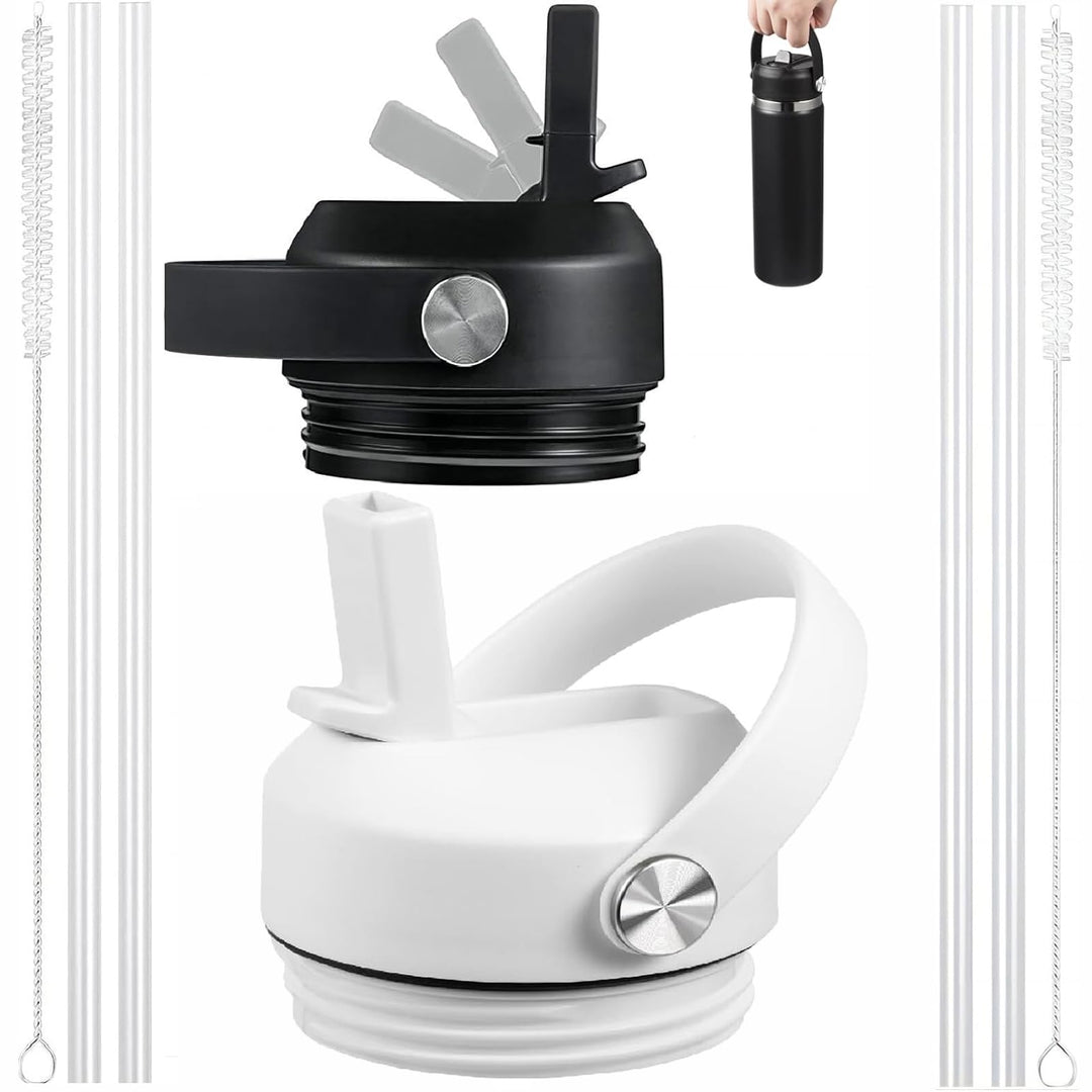 Straw lid for Yeti Rambler 18 26 36 64 oz, Lid with Straws and Flexible Handle, Replacement Cap for Yeti 18oz 26oz 36oz 64oz Rambler Water Bottle Straw Cap (Black+White - 2 Pack)