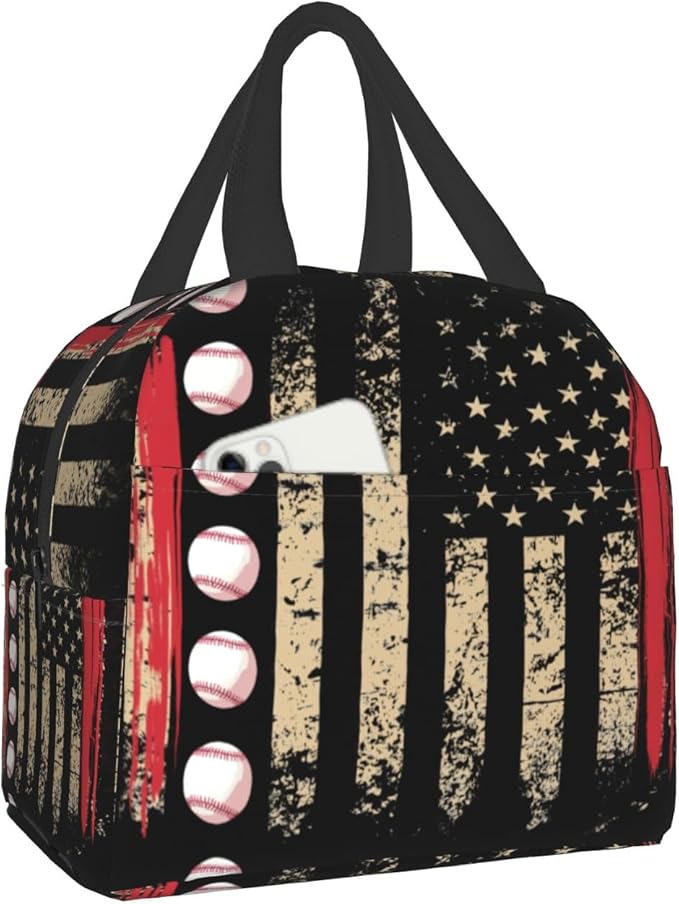 Imiss Baseball Lunch Bag Outdoor Sports American Flag Insulated Lunch Box Container Reusable Cooler Lunch Tote for Boys Men School Work Office Travel