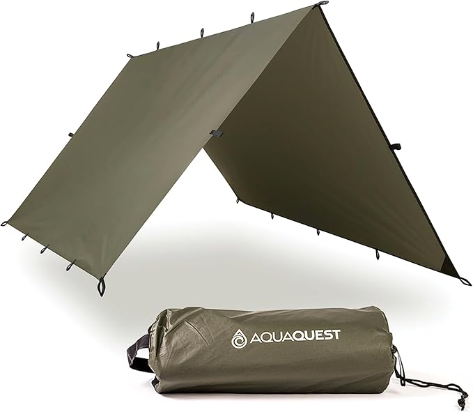AquaQuest Defender Camping Tarp - Heavy Duty Tent Shelter or Rain Fly - Waterproof Camping Essentials for Hiking, Bushcraft & Hammock, 10 x 7 ft