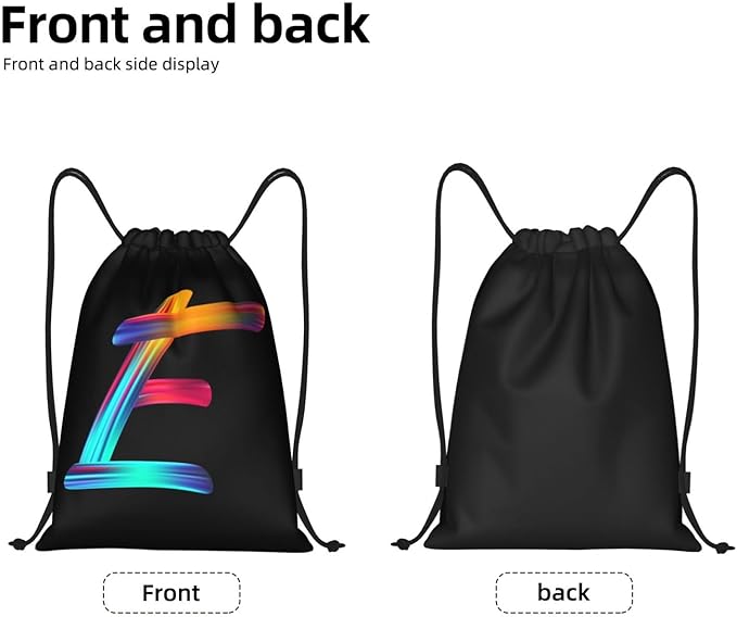 Drawstring Bags Initial Drawstring Backpack Sackpack Black Draw String Cinch Bags for Sports, Gym, Travel, Swimming, Beach, Camping, Rainbow Letter E