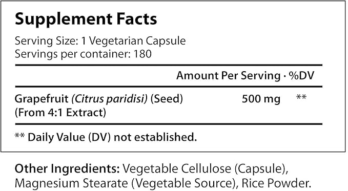 Grapefruit Seed Extract 500mg 180 Vegetarian Capsules | Made in USA | GSE Potent Immune Vitamin & Overall Health Supplement | Non GMO Gluten Free Pill