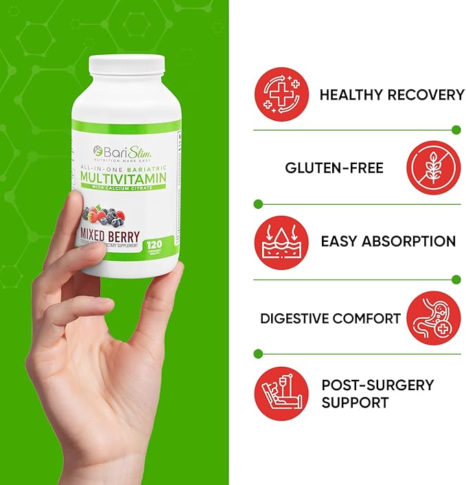 BariSlim All-in-One Bariatric Chewable Multivitamin Tablets w/Calcium Citrate - Bariatric Vitamin for Post Bariatric Surgery Including Gastric Bypass & Gastric Sleeve | Mixed Berry (120 Count)