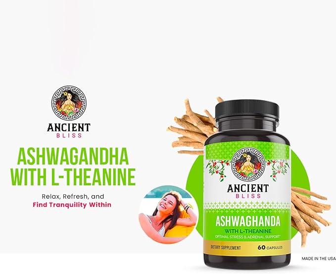 Ancient Bliss Ashwagandha with L-Theanine & Black Pepper Extract Capsules, Energy & Natural Mood Support Supplement, Focus Supplement for Adults