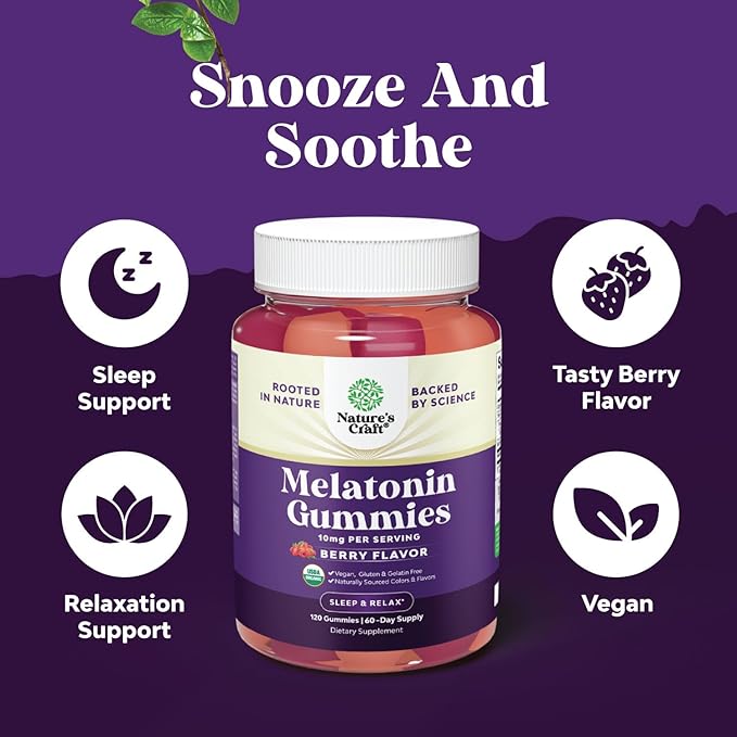 Organic Melatonin Gummies 10mg per Serving - Fast Acting Tasty Sleep Gummies for Adults Extra Strength Melatonin 10mg for Adults Enhanced Sleep Quality & Duration - Non GMO Organic & Vegan (60 Days)