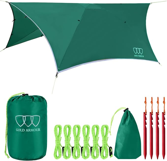 Gold Armour Rainfly Tarp for Hammock and for Tent, Camping Essentials Rain Fly Cover, Waterproof Lightweight Camping Accessories, Survival Camping Gear Camping Tent Accessories (Green)
