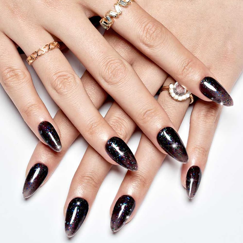 GLAMERMAID Glitter Black Press on Nails Medium Almond, Handmade Glossy Jelly Soft Gel Glue on Nails Stiletto, Galaxy Shrimmer Fake Nails Short Oval, Reusable Acrylic Stick on False Nails Kit for Women