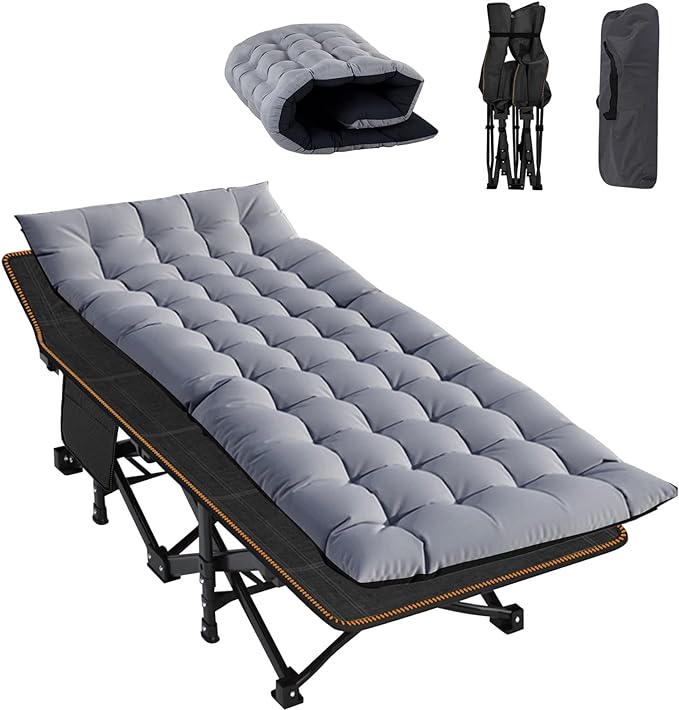 ABORON Folding Camping Cot W/Mat for Adults, Heavy Duty Outdoor Bed with Carry Bag,1200 D Layer Oxford Travel Camp Cots