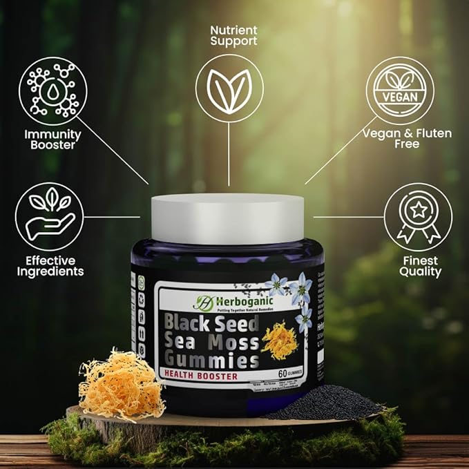 Black Seed Sea Moss Gummies - Natural Dietary and Herbal Supplement for Skin and Energy Support with Sea Moss, Boost Immune System - 60 Gummies