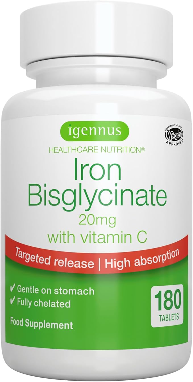 Igennus High Absorption Chelated Iron Bisglycinate 20mg, Vitamin C, 6 Month Supply, Gentle Formula, Clean Label & Targeted Release Ferrous Bisglycinate for Women and Men, One Daily, Vegan, 180 Tablets
