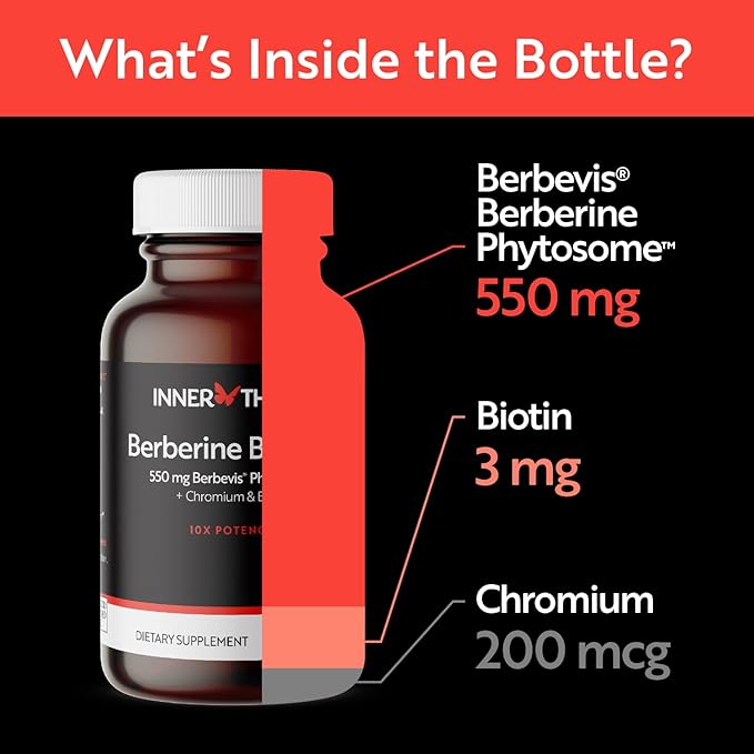 Berberine, 550 mg Patented Berbevis Berberine Phytosome Plus Biotin and Chromium, Enhanced Absorption, Gluten-Free, Vegan, 30 Veggie Caps