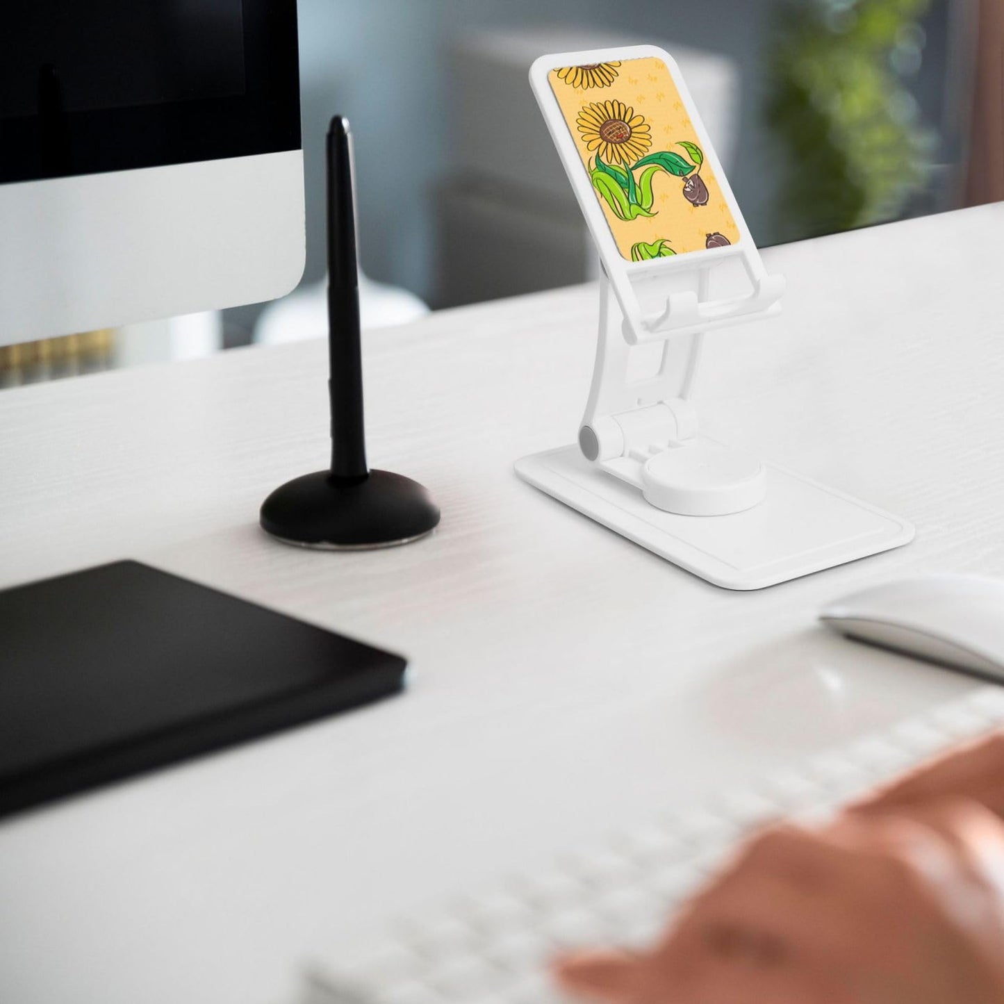 Sunflower Seeds and Sunflowers Cell Phone Stand 360° Adjustable Foldable Desktop Phone Holder Cradle Compatible with Most Mobile Phones White