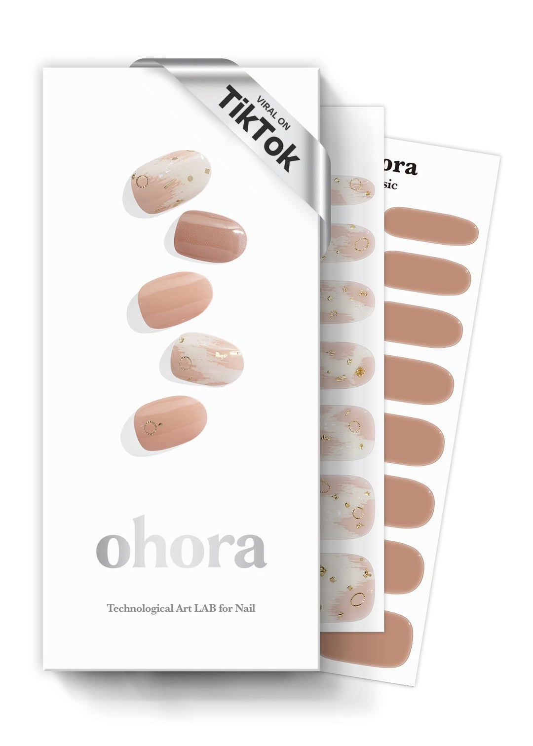 ohora Semi Cured Gel Nail Strips (N Almond Blossom) - Nude, Patterned, Works with Any UV/LED Lamps, Salon-Quality, Long Lasting, Easy to Apply & Remove - Includes 2 Prep Pads, Nail File & Wooden Stick