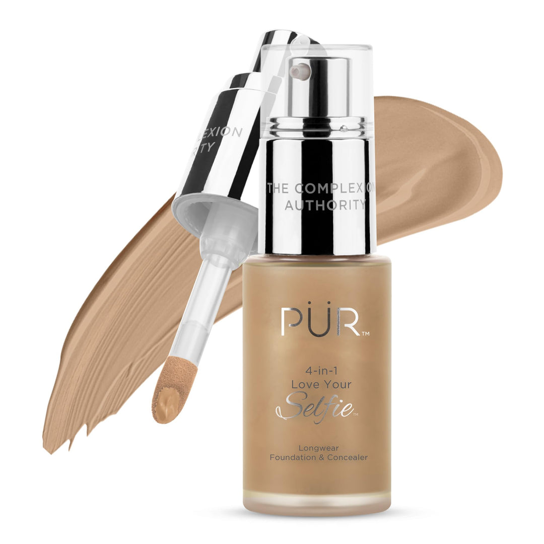 PÜR MINERALS 4-in-1 Love Your Selfie Longwear Foundation & Concealer, Full Coverage Liquid Foundation, Hydrating Formula, Cruelty Free