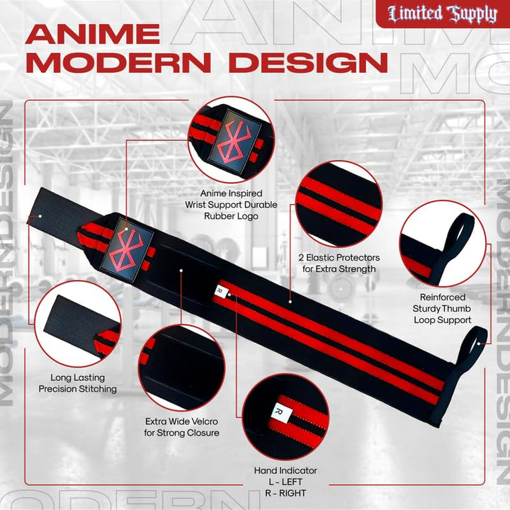 CROWN Anime Wrist Wraps Lifting Straps 24" for Men and Women - 1 Pair Each, Gym Accessories Support Weightlifting, Powerlifting, Strength Training, and Improve Workout, Black Brserk