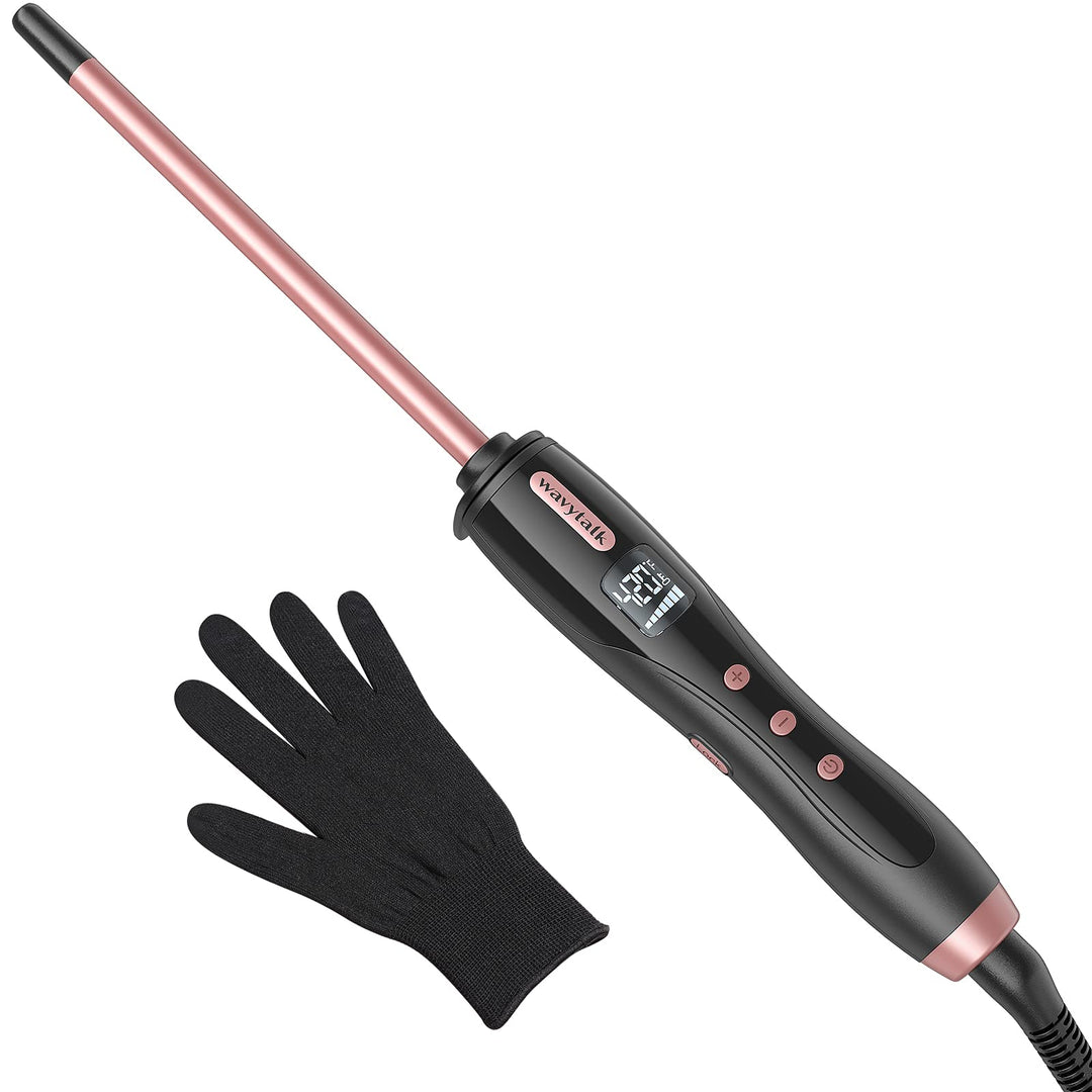 Wavytalk 3/8 Inch Small Curling Iron Wand for Short & Long Hair, Ceramic Barrel With Adjustable Temperature, Heat Resistant Glove Included (Rose Pink)