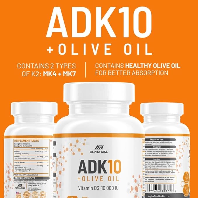 ADK 10 Vitamin Supplement + Olive Oil for Better Absorption - with Vitamins A + D3 (10,000 iu) + K2 (MK7+MK4) - 90 Capsules - Vegetarian - Non-GMO