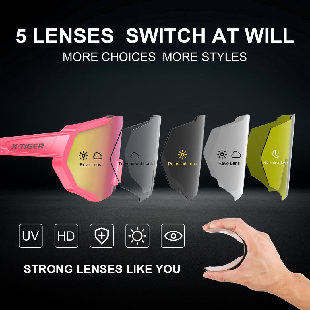 X-TIGER Polarized Sports Sunglasses with 5 Interchangeable Lenses,Mens Womens Cycling Bike Glasses,Baseball Running Fishing Golf Driving Sunglasses