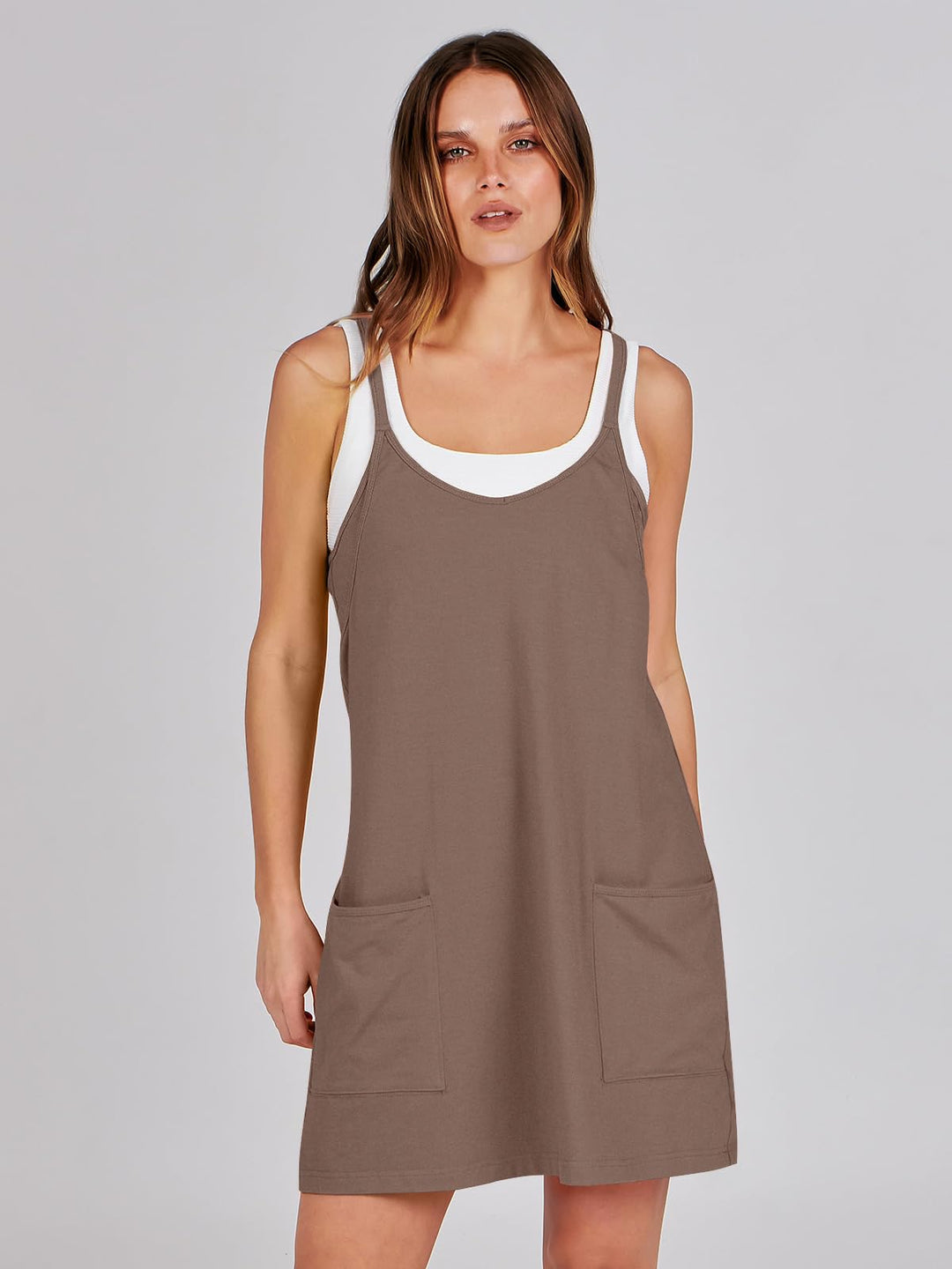 ANRABESS Women Summer Mini Romper Dress Workout Tennis Active Sports Athleisure Outfits built in Shorts Trendy Vacation Coffee X-Smal