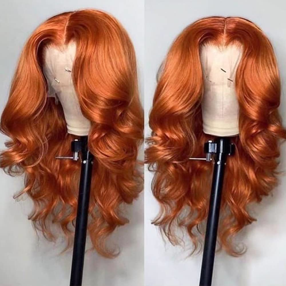 ANDRIA 13X4 HD Lace Front Wigs Pre-Plucked Hairline 16 Inches Body Wave Ginger Orange Glueless Lace Frontal Wigs with Baby Hair Short Bob Wig 200% Density Loose Wave Short Curly Lace Closure Wig