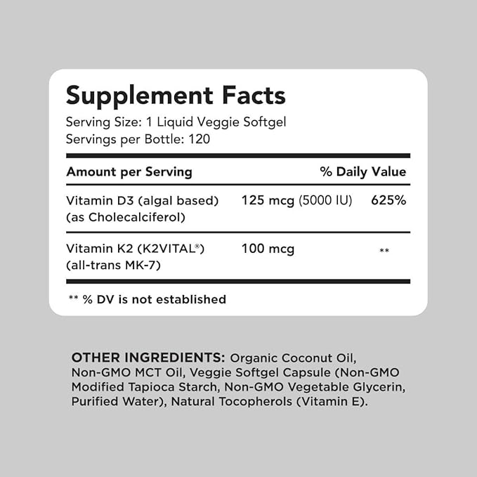 AMANDEAN Vegan Vitamin D3 K2. 5000 iu from Algae. All-Trans MK-7. 120 Softgels. Plant-Based & Carrageenan Free. Organic Coconut Oil Blend. for Mood, Bones, Heart, Immune Health (Packaging May Vary)