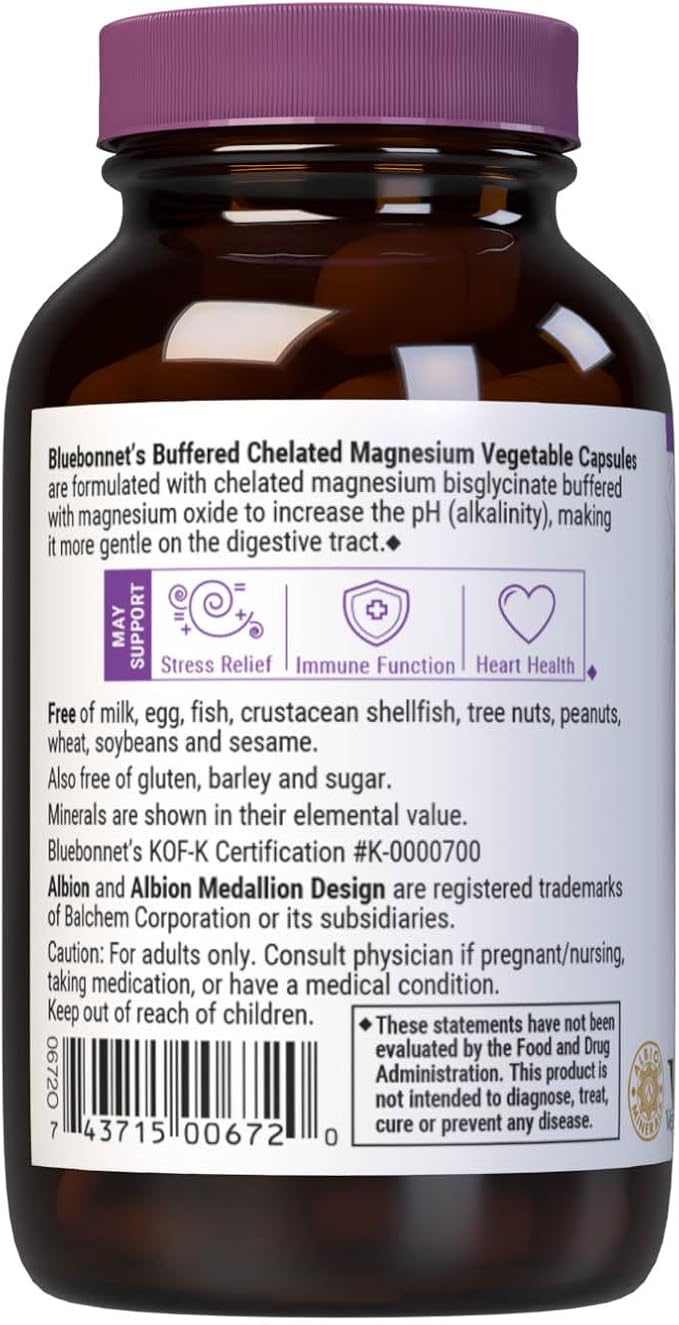 Bluebonnet Nutrition Albion Buffered Chelated Magnesium 200 mg, Magnesium Oxide, Stress Relief, Vegan, Non GMO, Gluten Free, Soy Free, Milk Free, Kosher, 60 Vegetable Capsules, 1 Month Supply