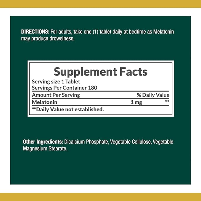 Nature's Bounty Melatonin, 100% Drug Free Sleep Aid, Dietary Supplement, Promotes Relaxation and Sleep Health, 1mg, 180 Tablets - Pack of 2